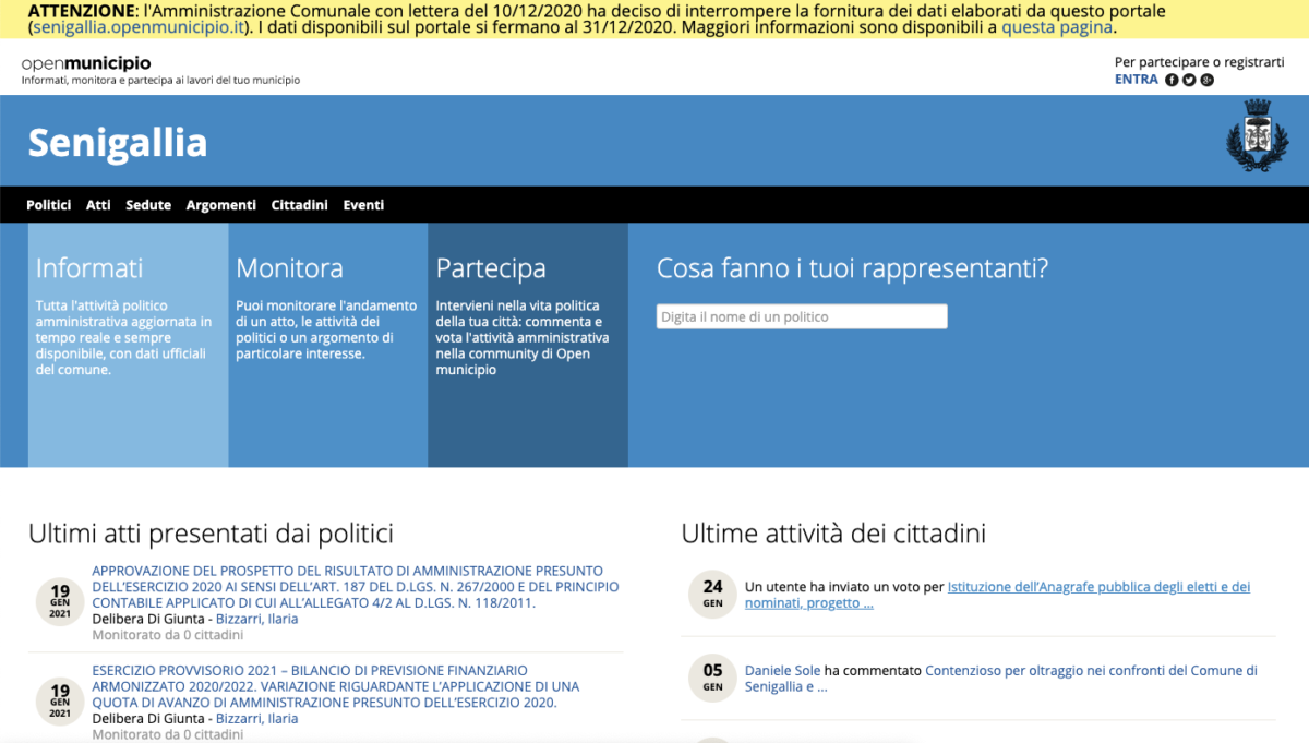 La homepage del portale Open Senigallia