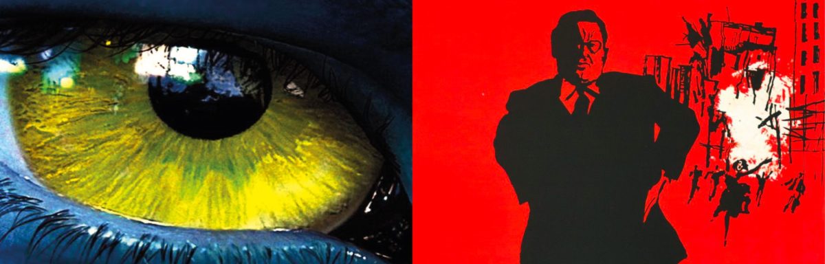 A sinistra, un particolare della copertina del libro Ecovisioni, mostra l'occhio giallo di un felino. A destra, l'illustrazione della locandina del film Le mani sulla città, mostra la sagoma di un uomo nero davanti a un palazzo che crolla