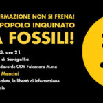 La locandina del movimento Basta Fossili contiene titolo, luogo e orari e il simbolo della lotta di Cenci: una emojii gialla con la bocca chiusa a cerniera e due X al posto degli occhi